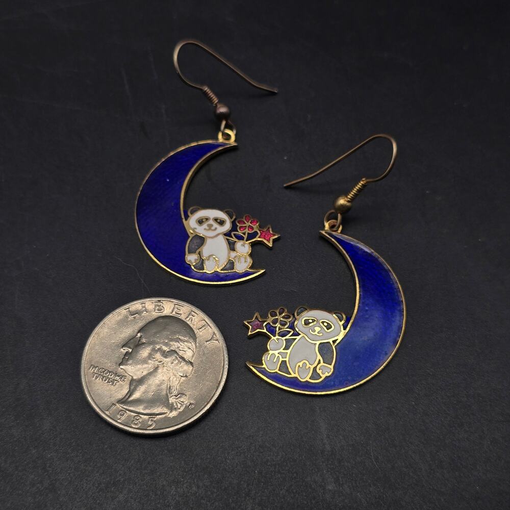 Cloisonne Panda Bears on Moon Earrings Enamel 1980s Vintage Jewelry - Picture 6 of 7